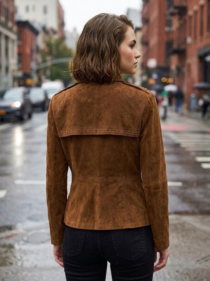 Women's Classic Suede Blazer with Contrast Stitching