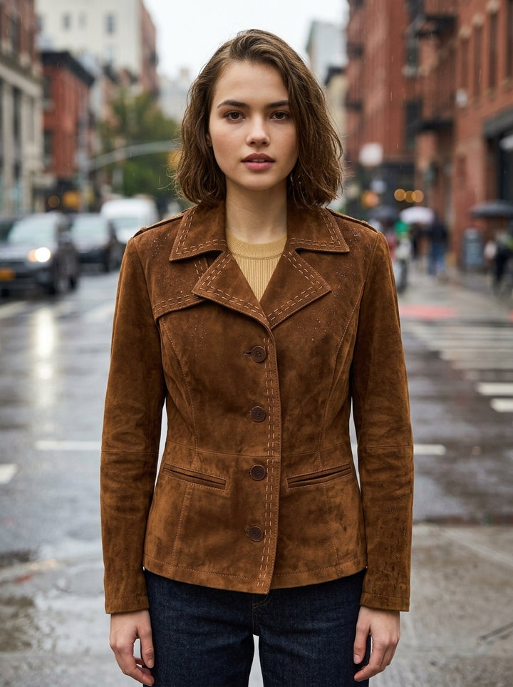 Women's Classic Suede Blazer with Contrast Stitching