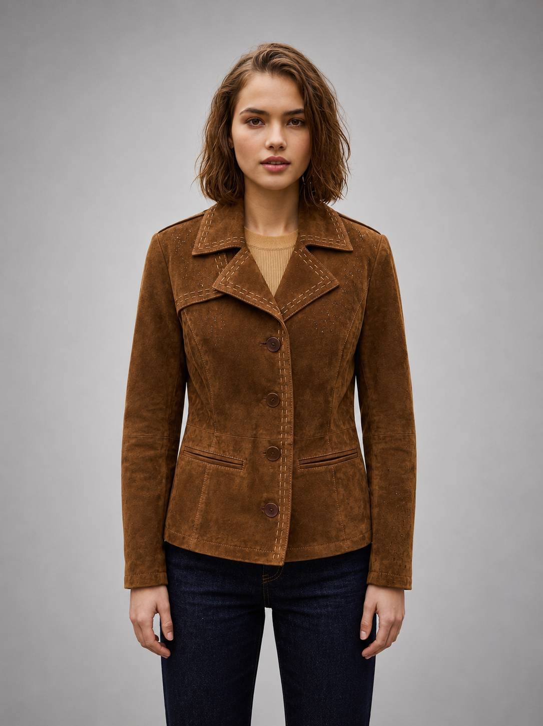 Women's Classic Suede Blazer with Contrast Stitching
