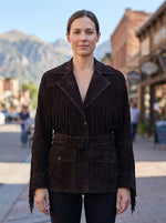 Women’s Dark Brown Fringe Suede Belted Jacket