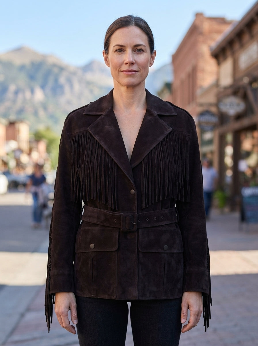 Women’s Dark Brown Fringe Suede Belted Jacket
