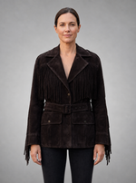 Women’s Dark Brown Fringe Suede Belted Jacket