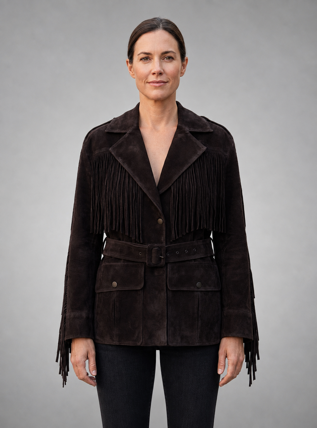 Women’s Dark Brown Fringe Suede Belted Jacket