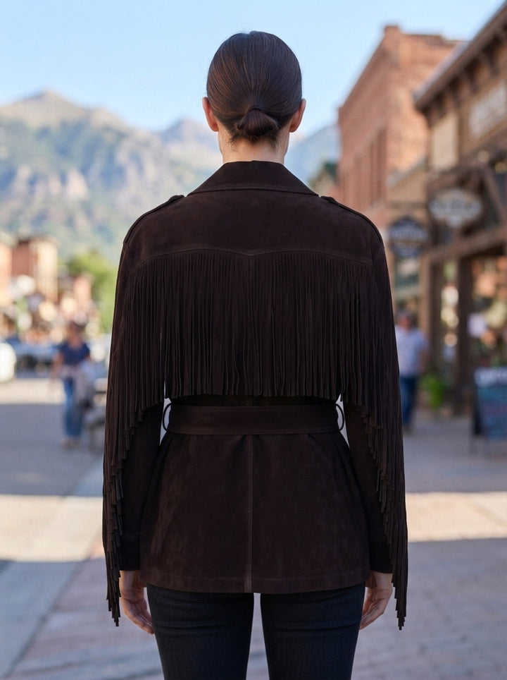 Women’s Dark Brown Fringe Suede Belted Jacket