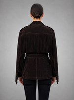 Women’s Dark Brown Fringe Suede Belted Jacket