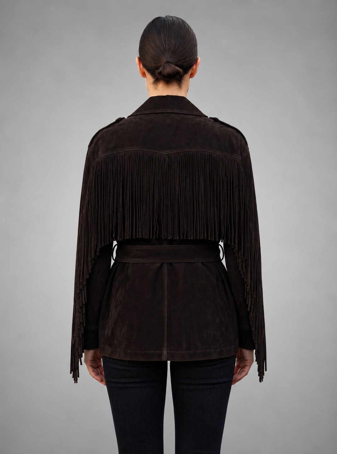 Women’s Dark Brown Fringe Suede Belted Jacket