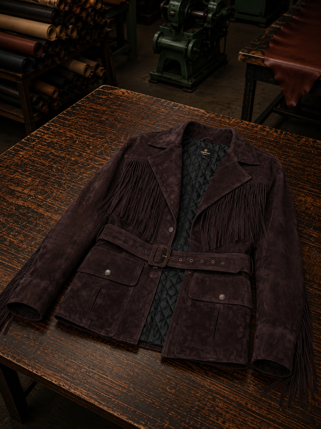 Women’s Dark Brown Fringe Suede Belted Jacket