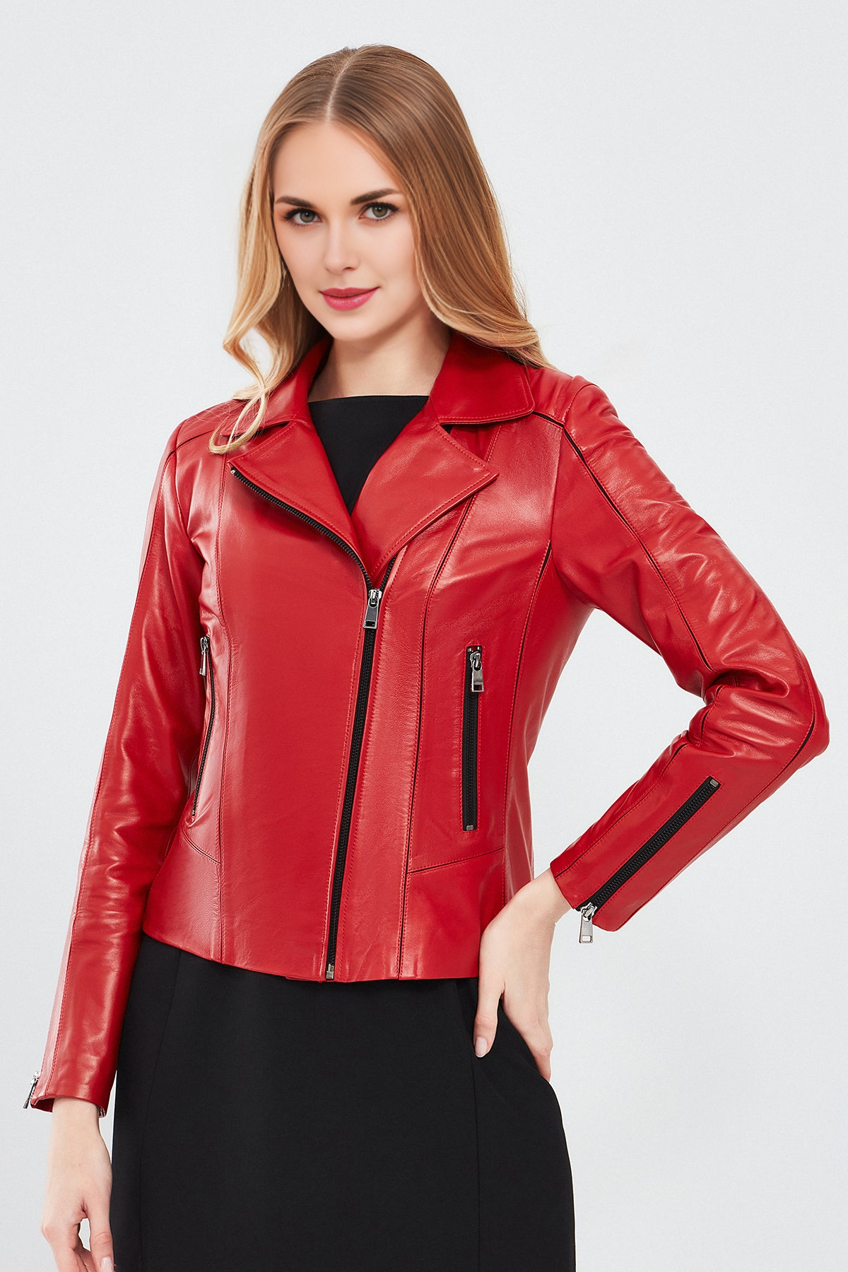 Women’s Slim-Fit  Red Biker Leather Jacket