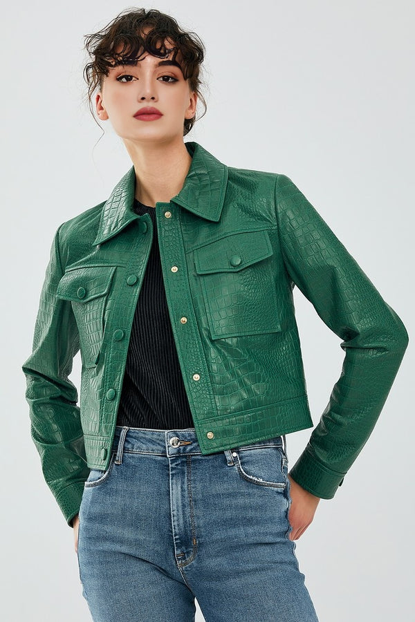 Green Tina Leather Jacket For Women's
