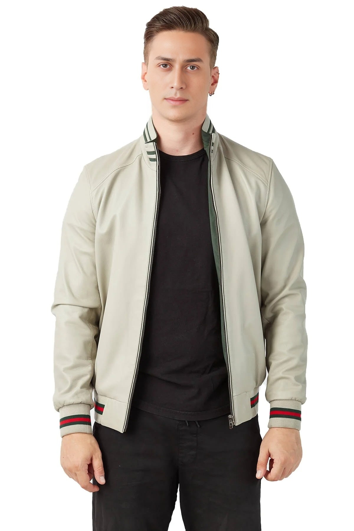 Albert Beige Bomber Leather Jacket For Men