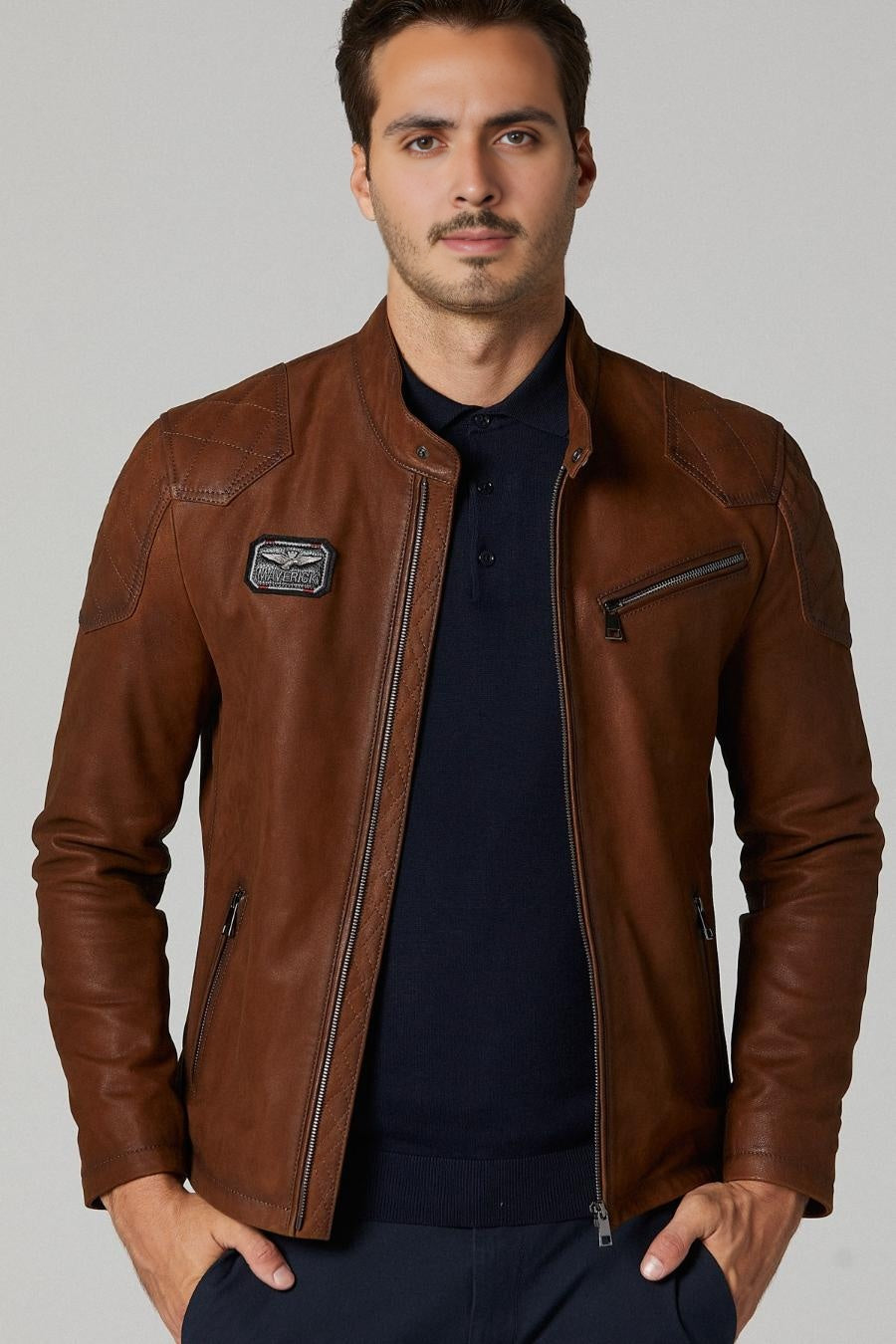 Rouge Motorcycle Leather Jacket for Men - Brown