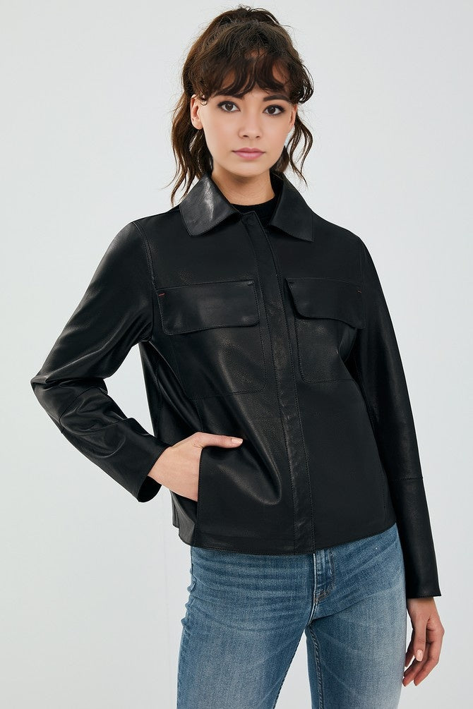 WOMEN BLACK LEATHER JACKET BUTTON CLOSER