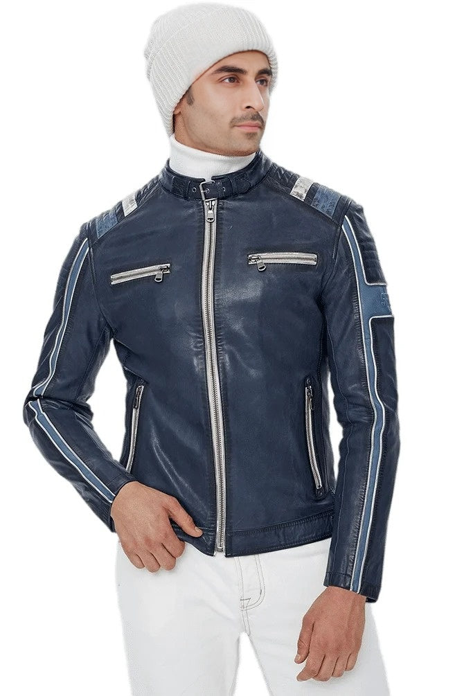 Lewis Navy Blue Leather Jacket For Men