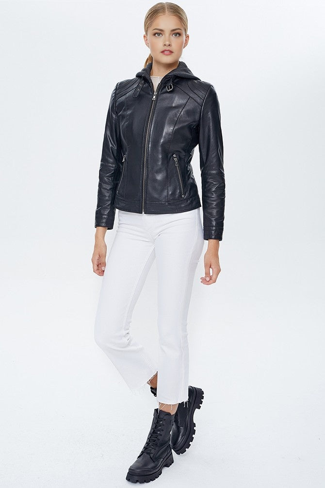 Luna Black Hooded Leather Jacket For Women