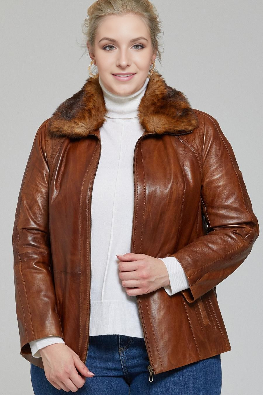Gemma Original Fur Collar Brown Women Leather Jacket