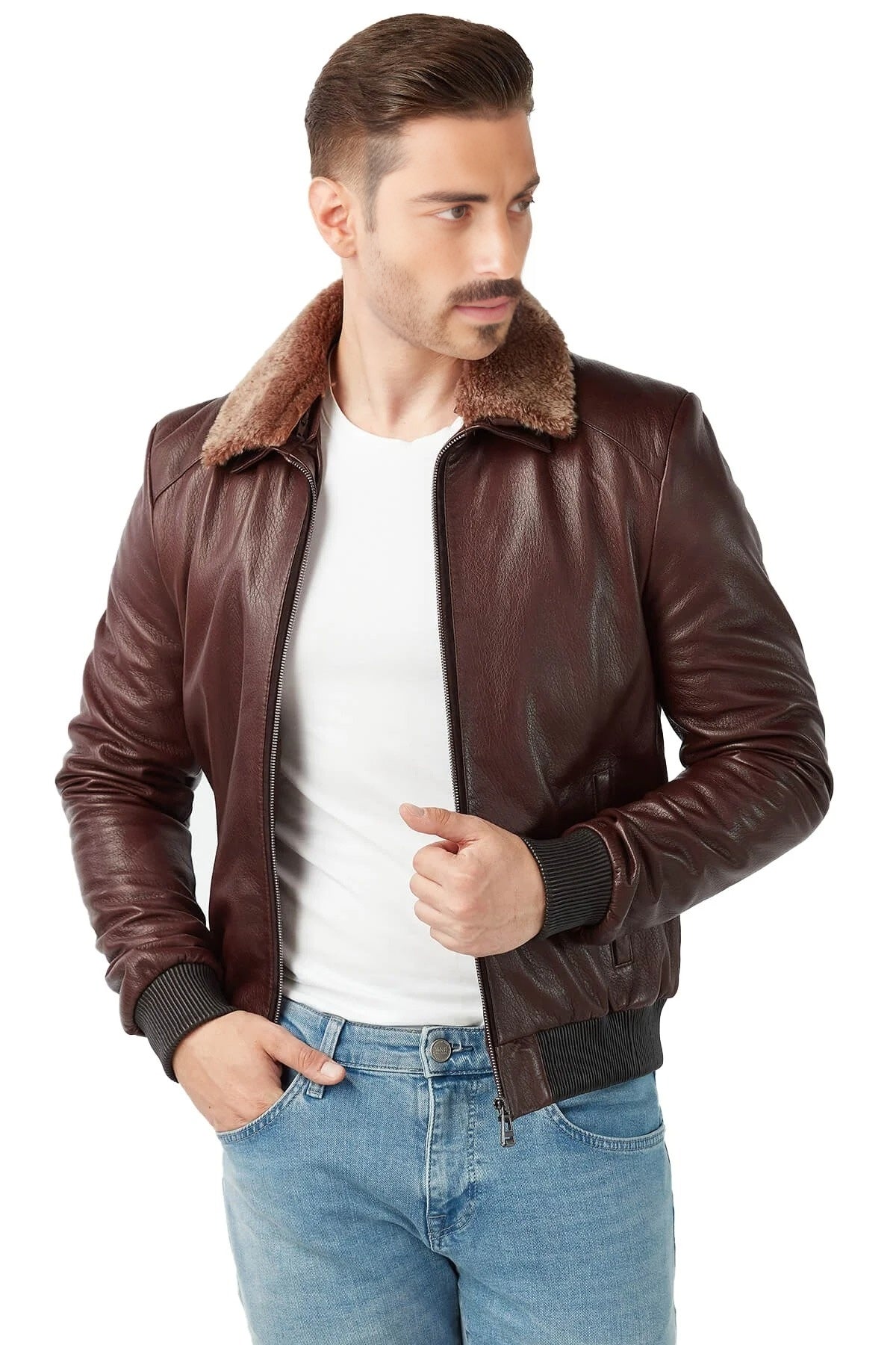 Harvey Men Brown Bomber Fur Collar Leather Jacket