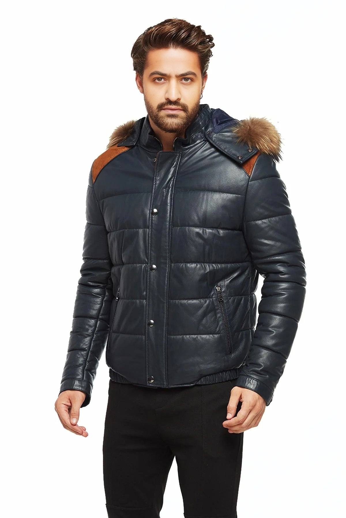 Edward Men Black Puffer Leather Jacket With Fur Hood