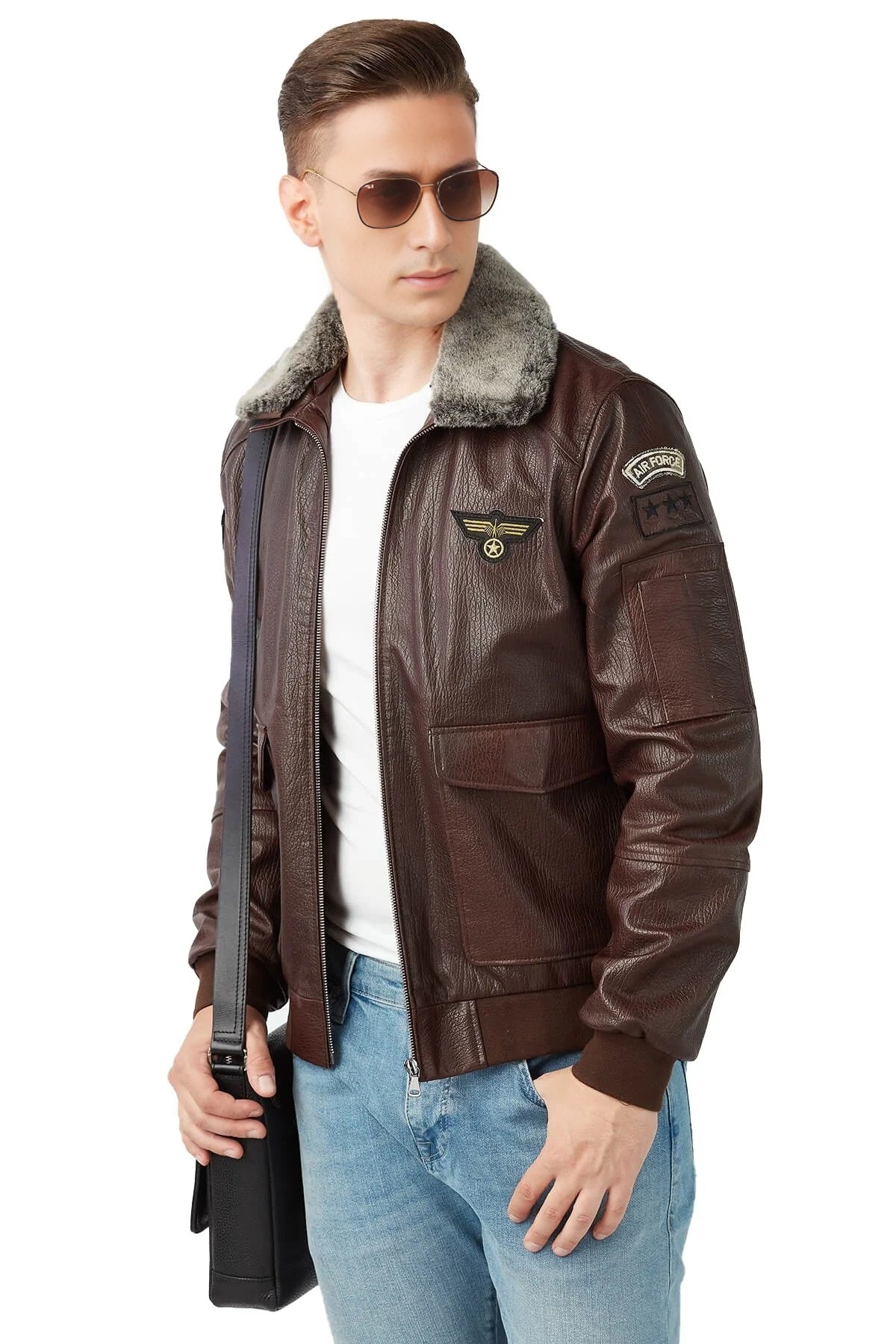 Patrick Brown Fur Collar Leather Jacket For Men
