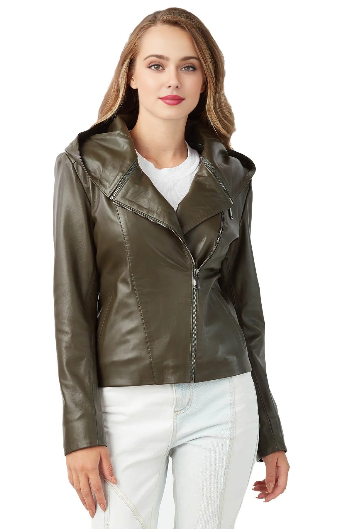 Jessica Green Biker Leather Jacket With Hood For Women