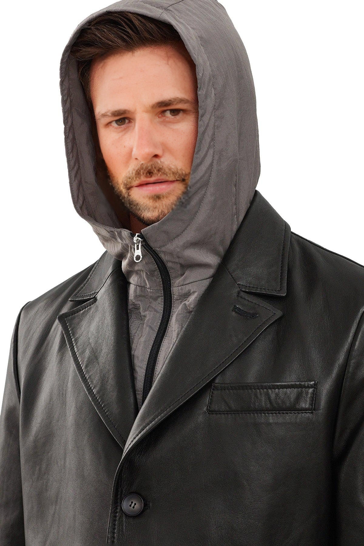 Aaron Men's Black Long Trench Leather Coat With Hood