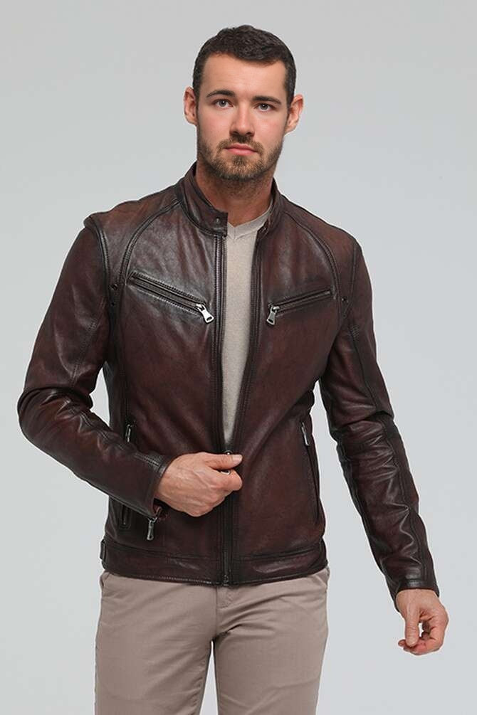 Biker Racer Dark Brown Leather Jacket For Men