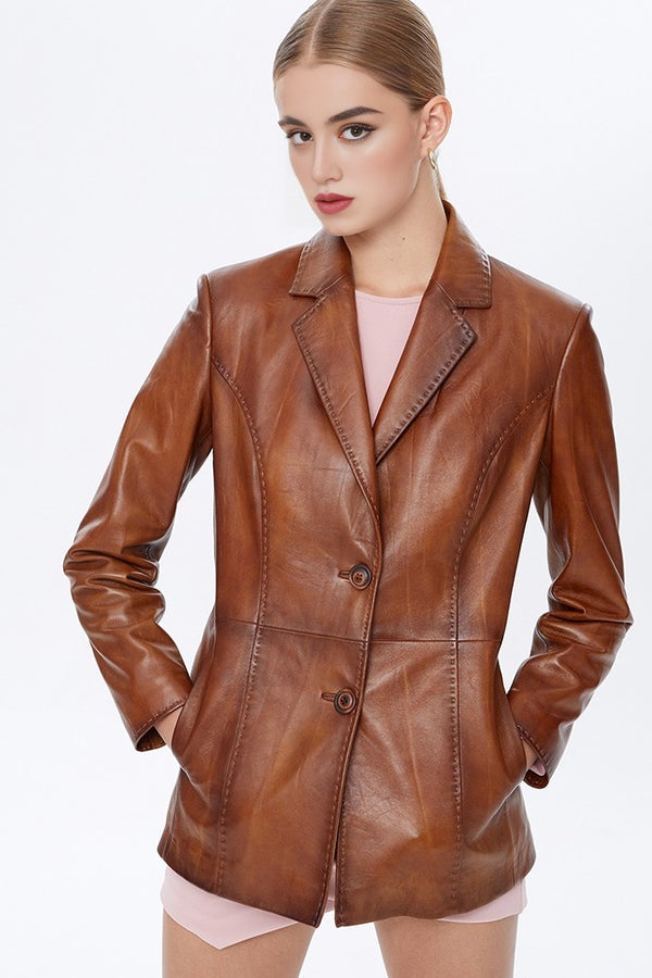 Camel Barbara Leather Jacket For Women's