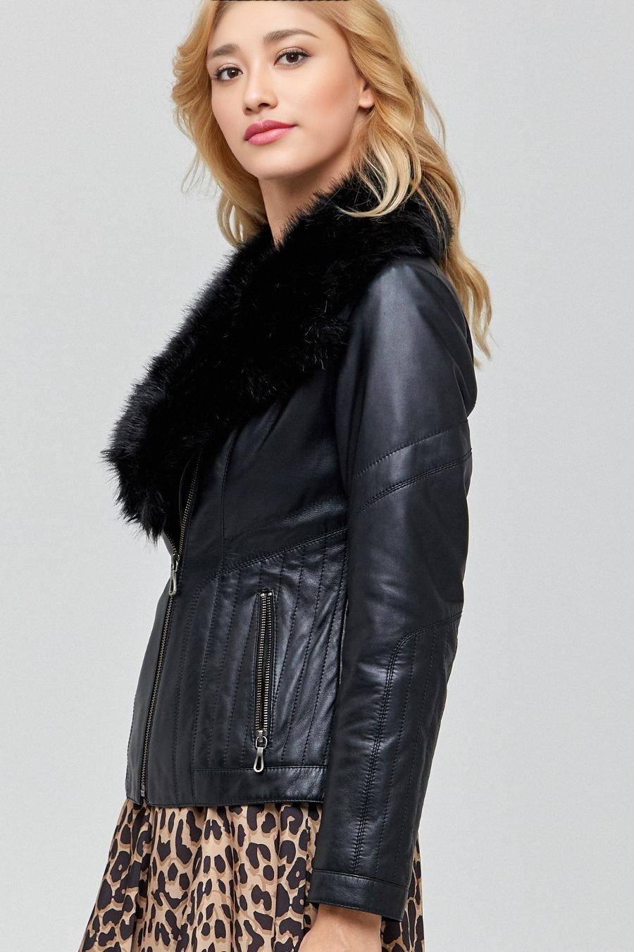 Barbara Fur Collar Black Leather Jacket For Women