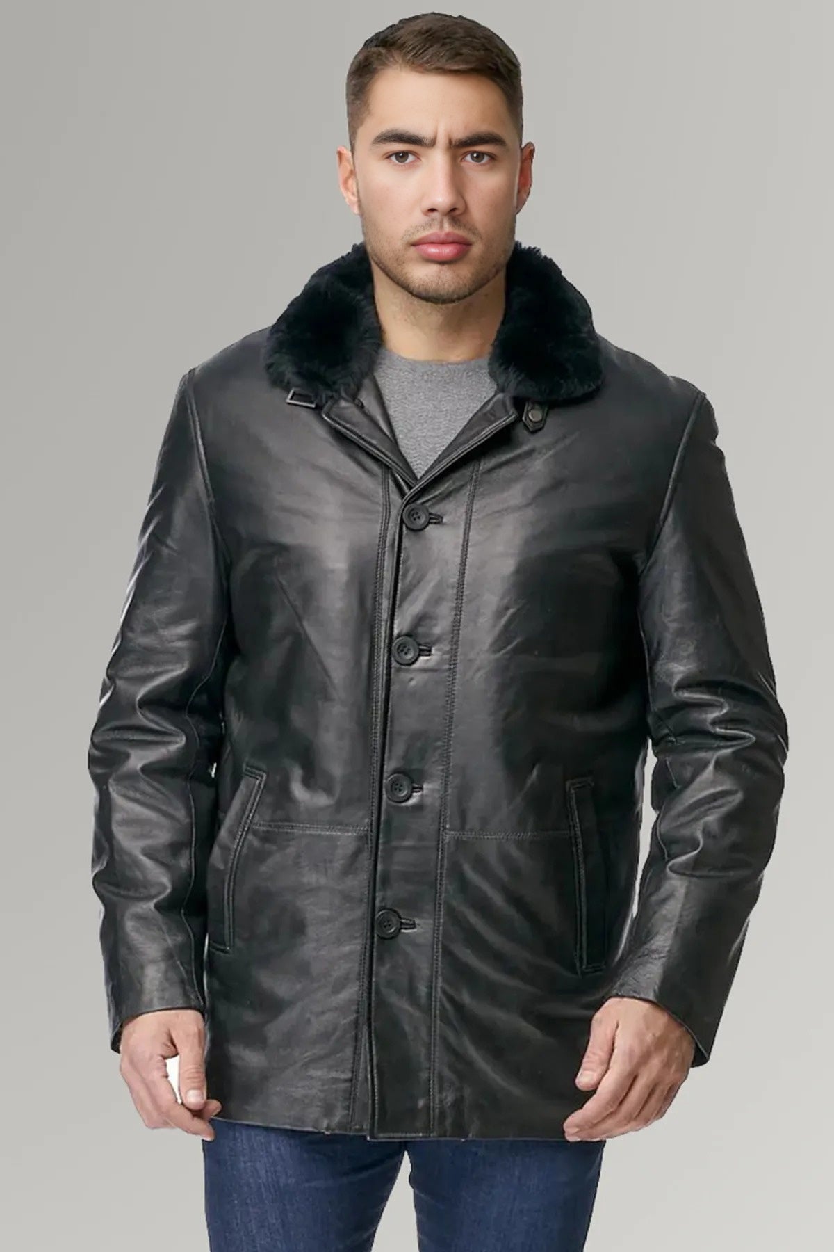 Preston Black Fur Collar Leather Jacket For Men