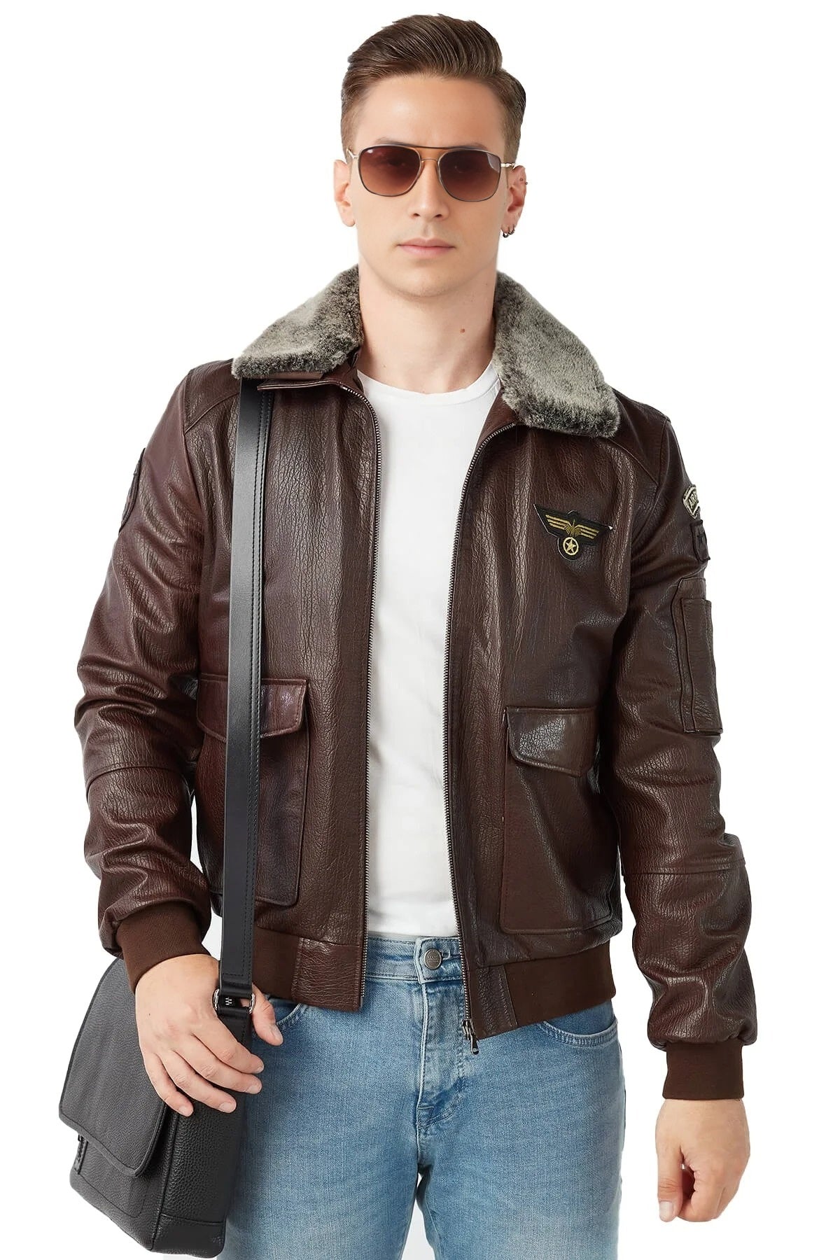 Patrick Brown Fur Collar Leather Jacket For Men
