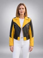 Yellow & Black Leather Jacket For Women