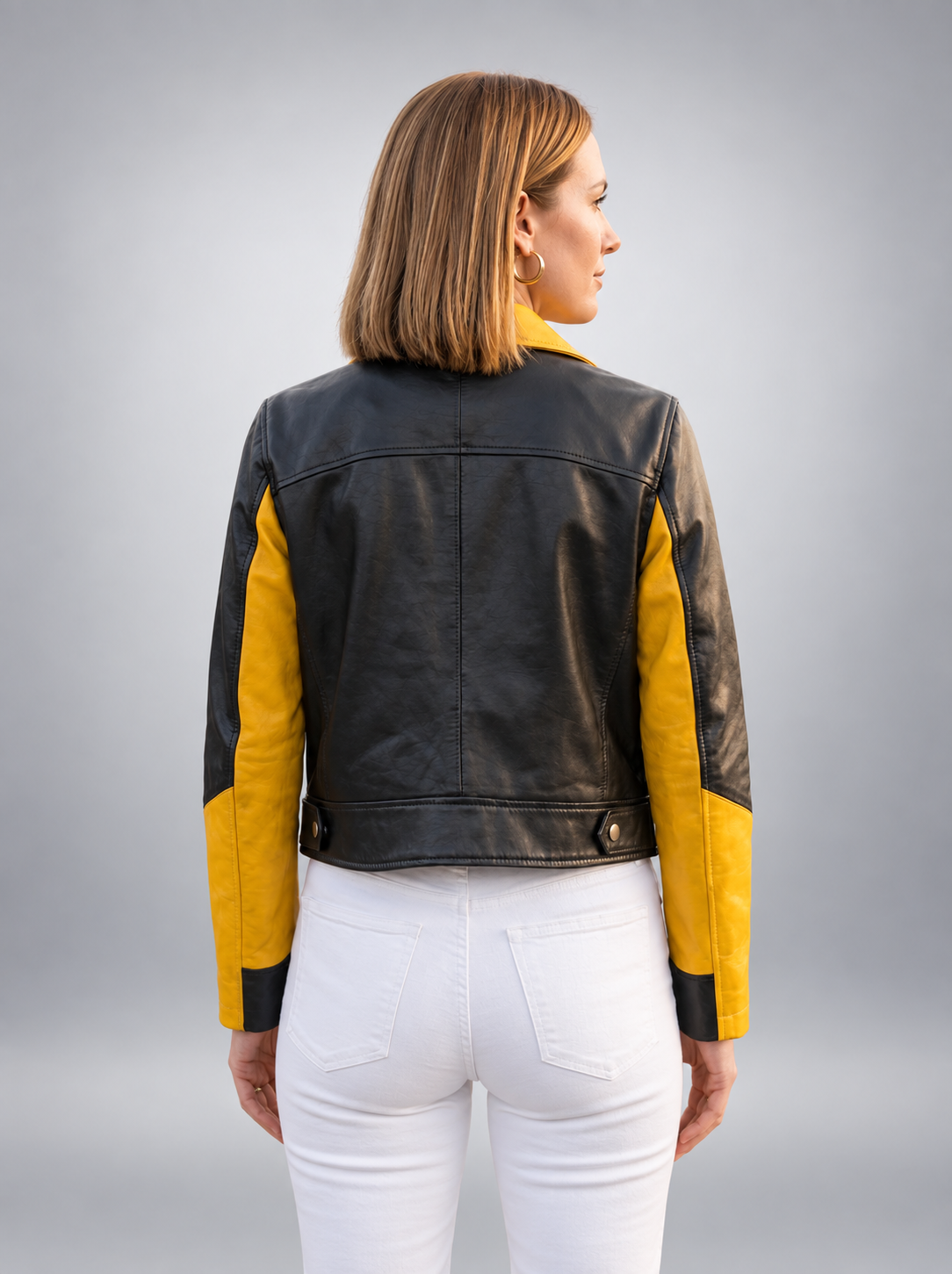Yellow & Black Leather Jacket For Women