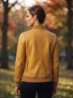 Yellow Bomber Leather Jacket For Women