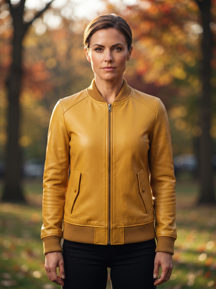 Yellow Bomber Leather Jacket For Women