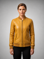Yellow Bomber Leather Jacket For Women