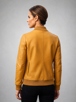 Yellow Bomber Leather Jacket For Women