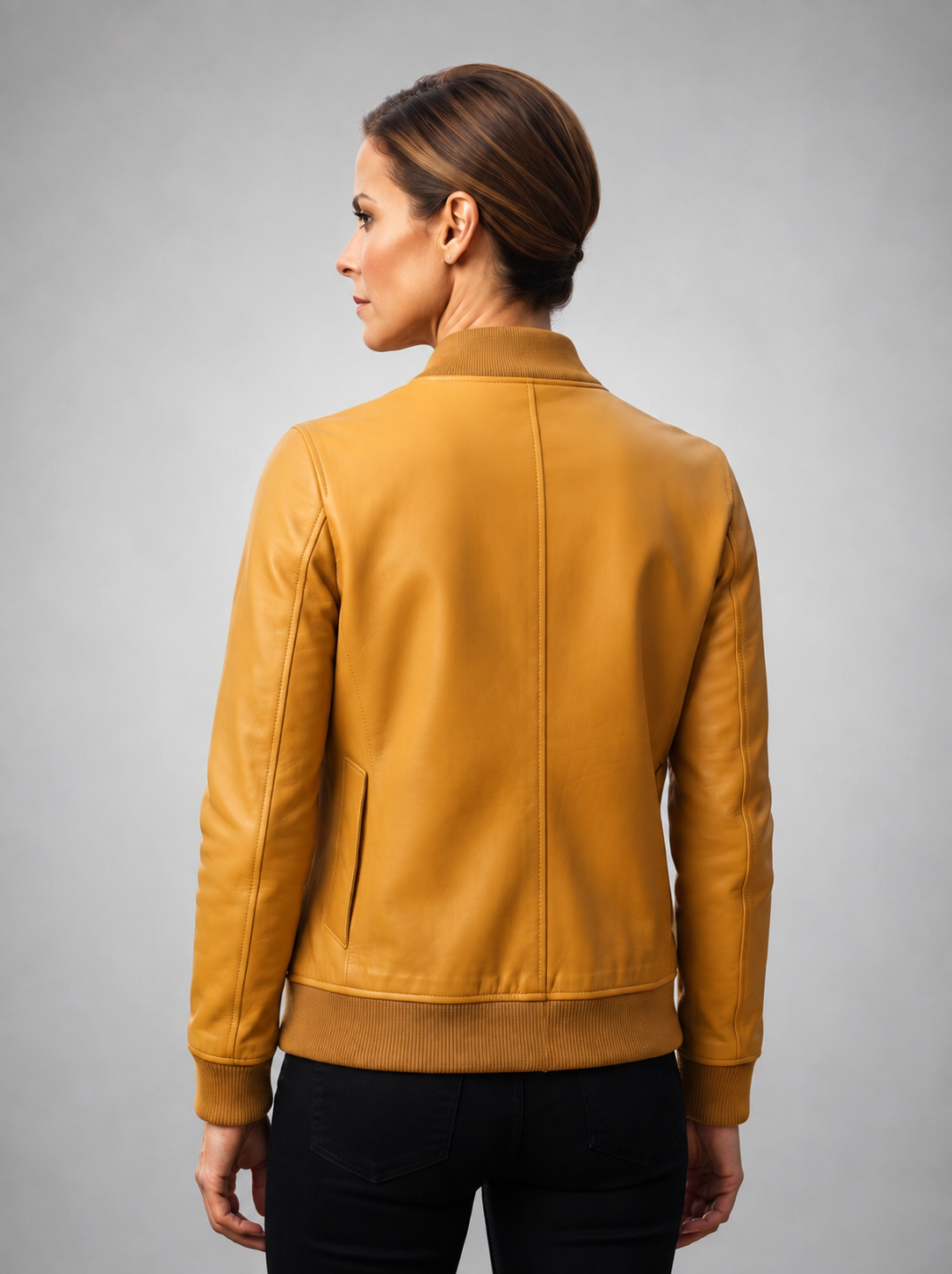 Yellow Bomber Leather Jacket For Women
