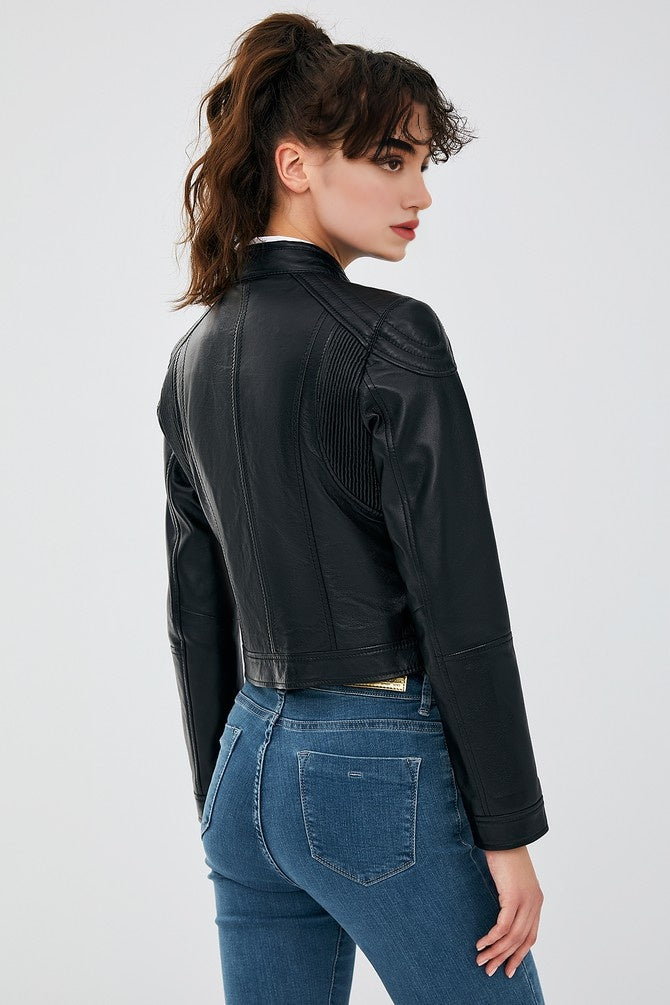 Blue Carol Casual Leather Jacket For Women