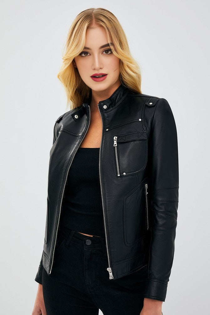Hannah Black Leather Jacket For Women's