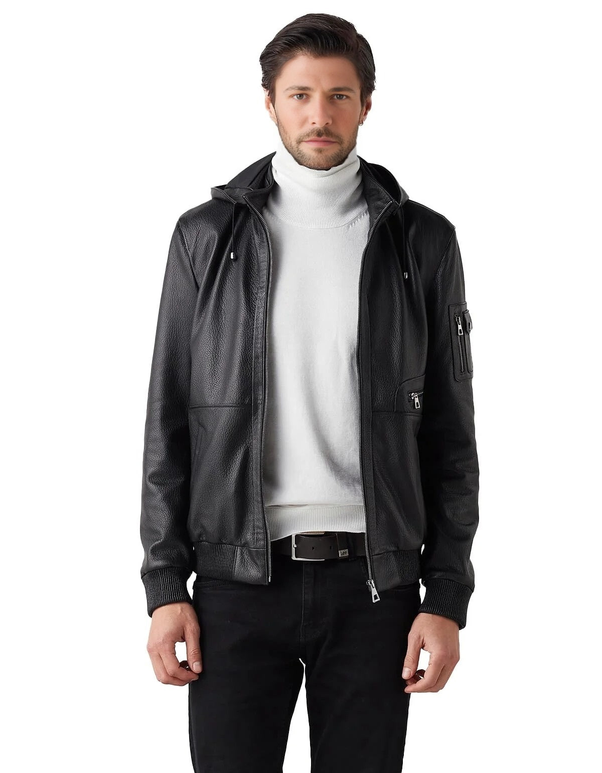 Max Black Bomber Leather Jacket With Hood