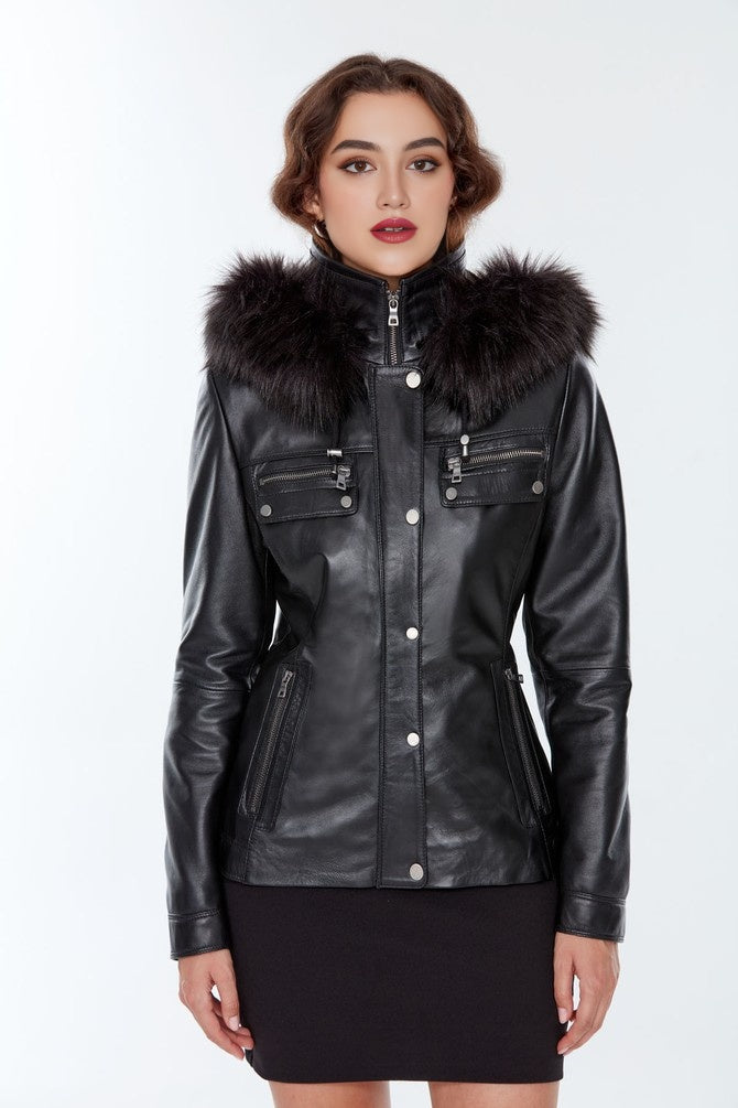 Cristina Classic Black Leather Jacket For Women's