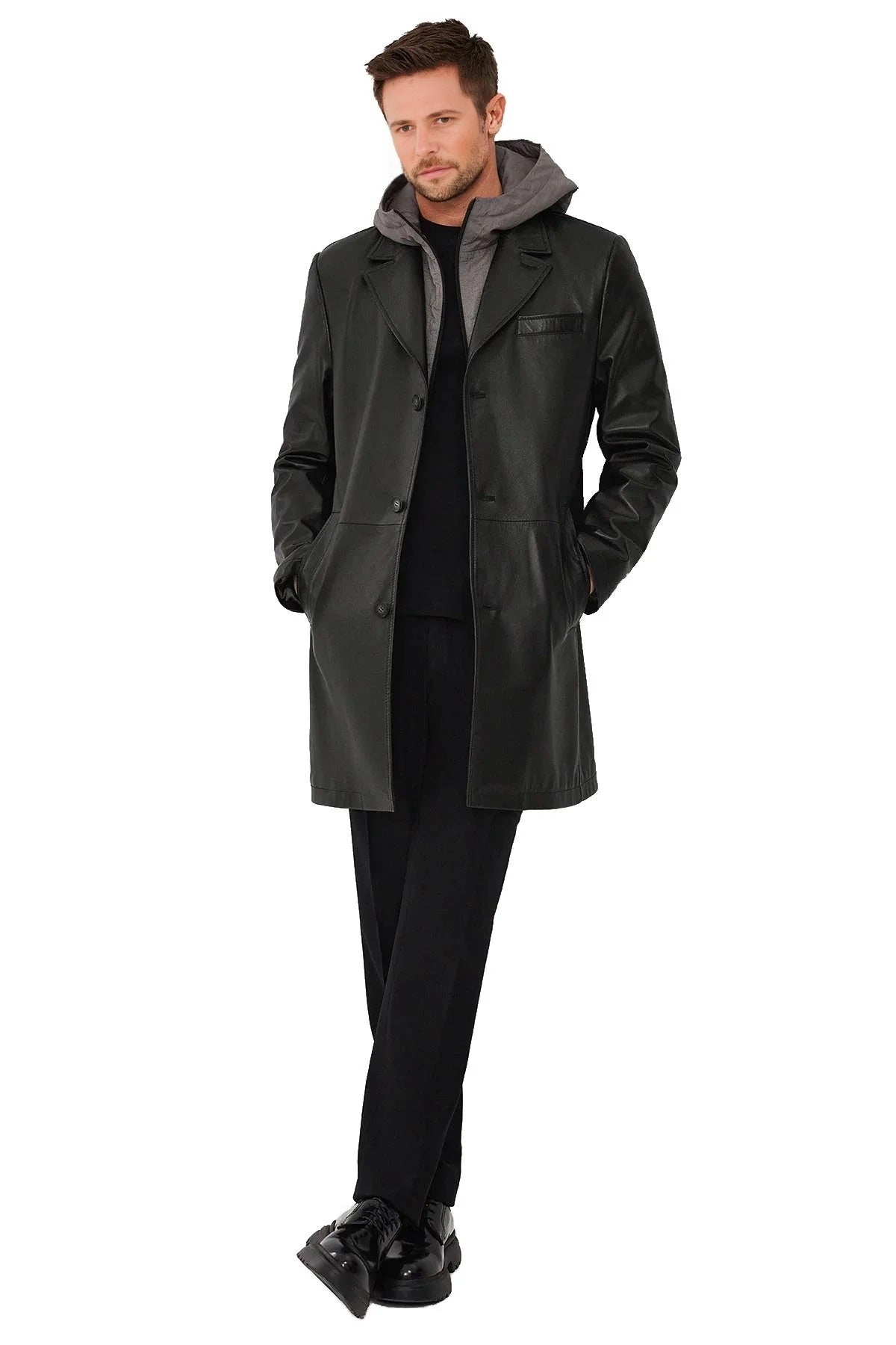 Aaron Men's Black Long Trench Leather Coat With Hood