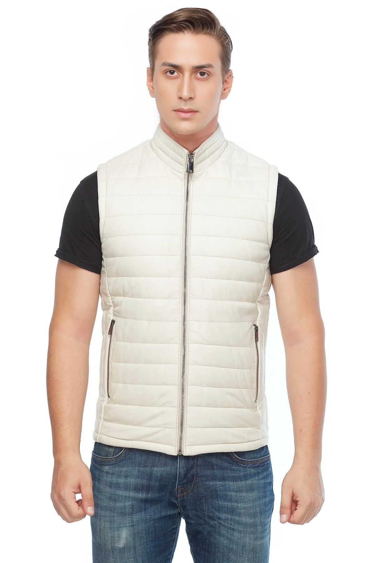 Alexander White Puffer Leather Vest For Men