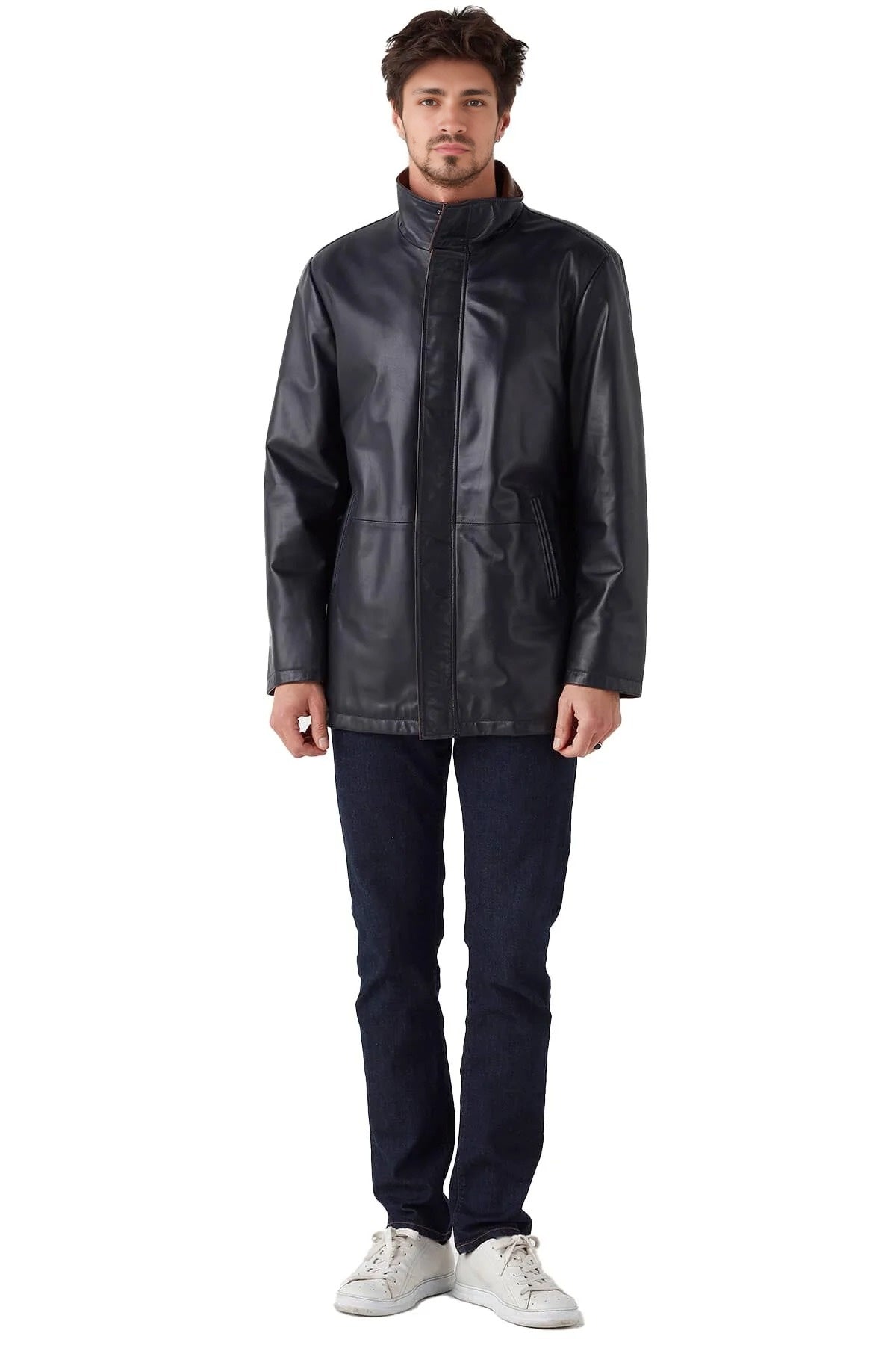 Xavier Black Long Leather Jacket For Men