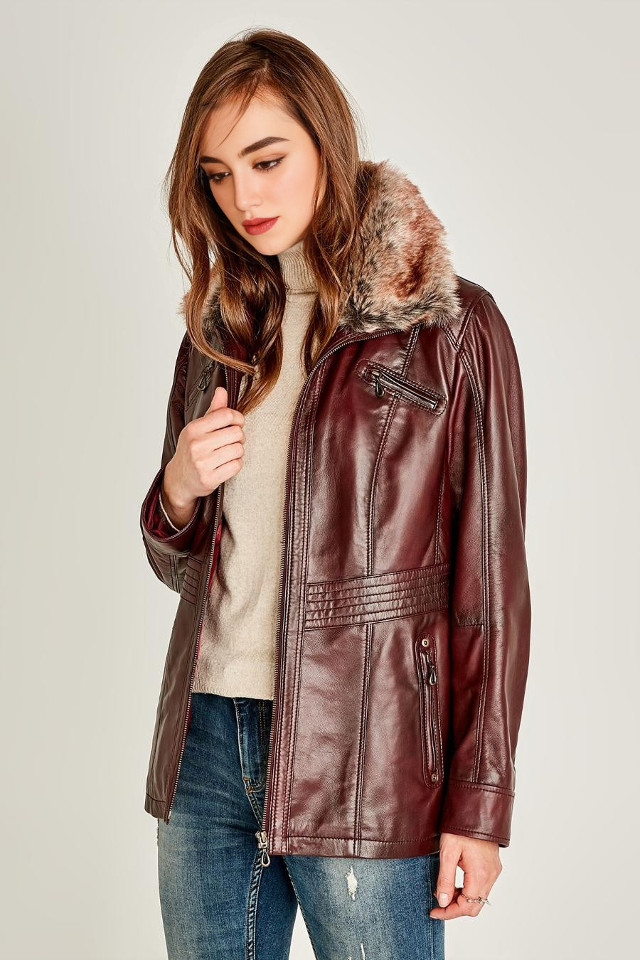 Emma Brown Leather Jacket For Women With Fur Collar