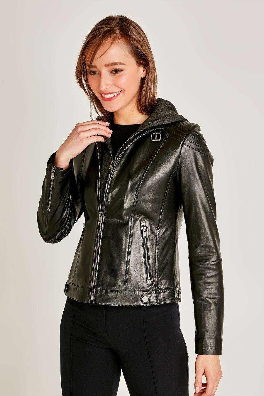 Vegas Black Motor Bike Leather Jacket With Hood For Women