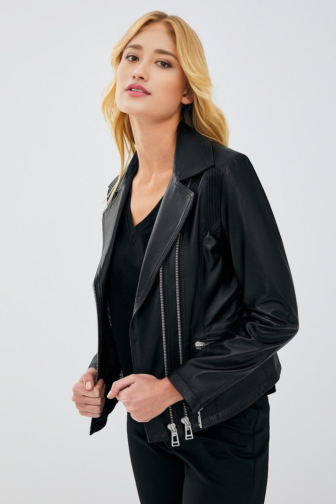 Helena Black Biker Sheepskin Leather Jacket
