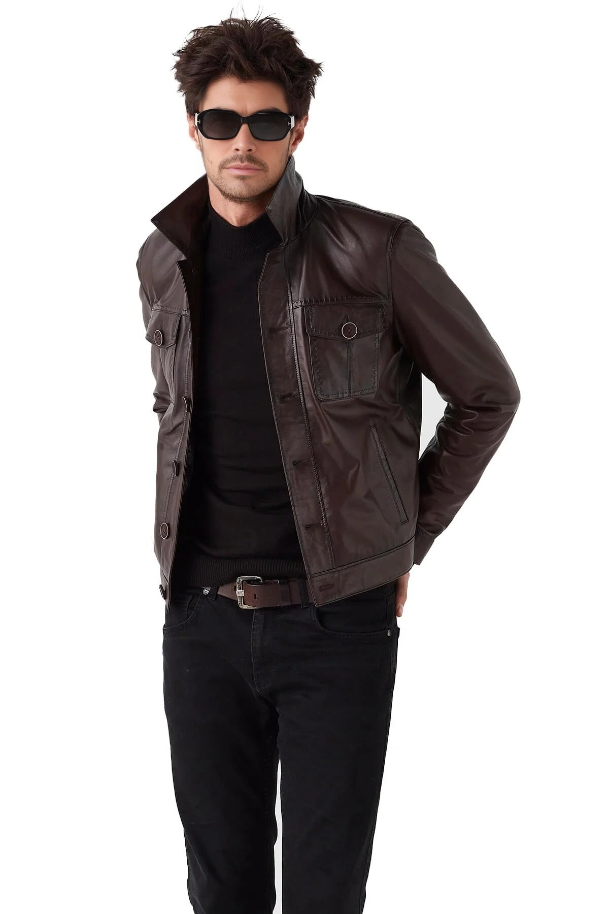 Gabriel Dark Brown Biker Racer Leather Jacket For Men