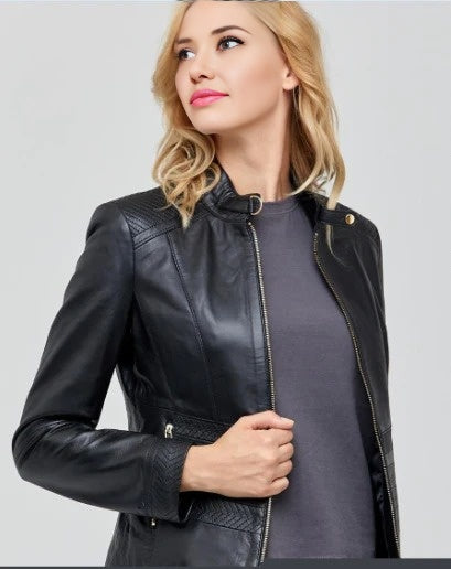 Dainty Biker Racer Black Leather Jacket For Women