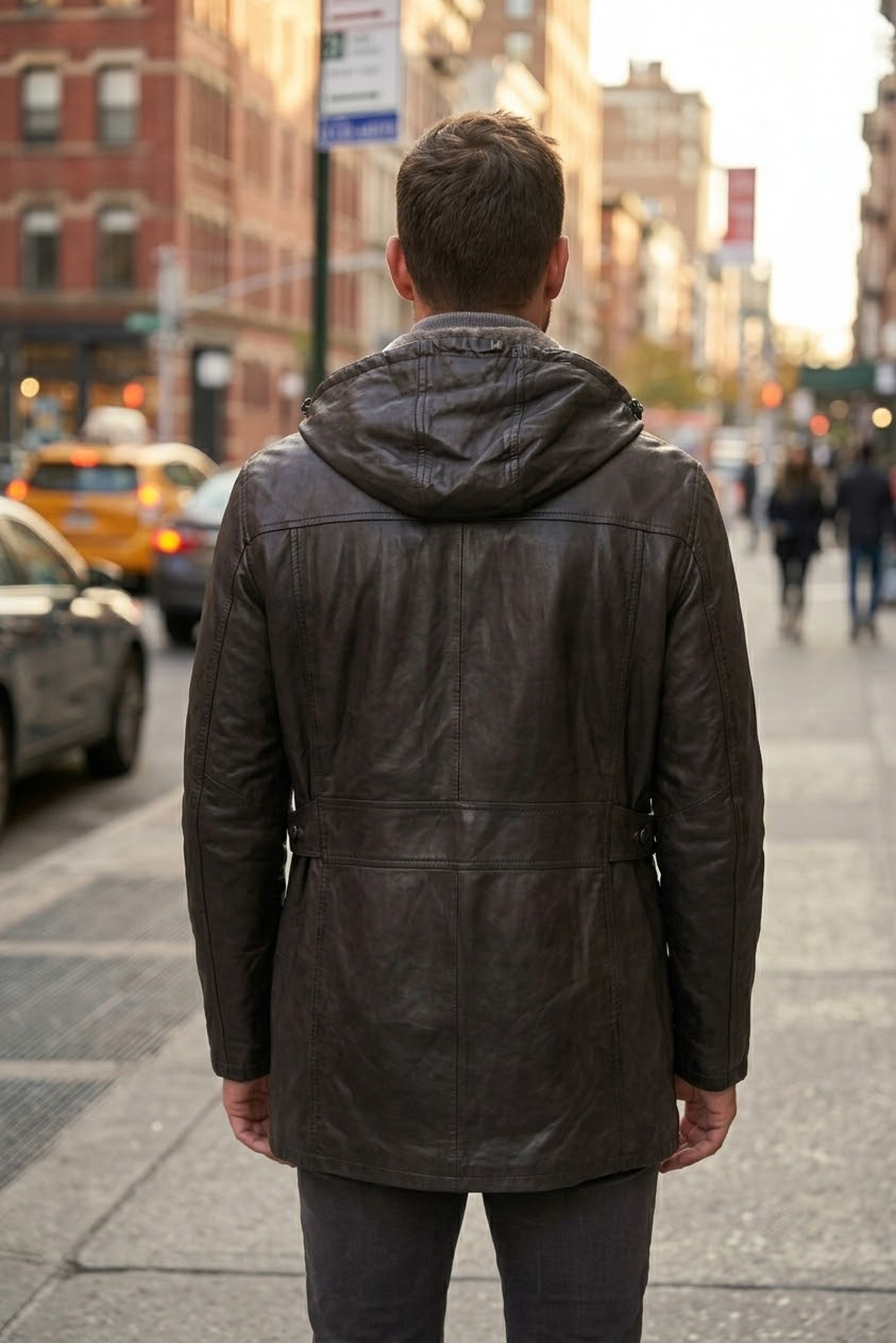 Zane Dark Brown Lather Coat With Hood For Men