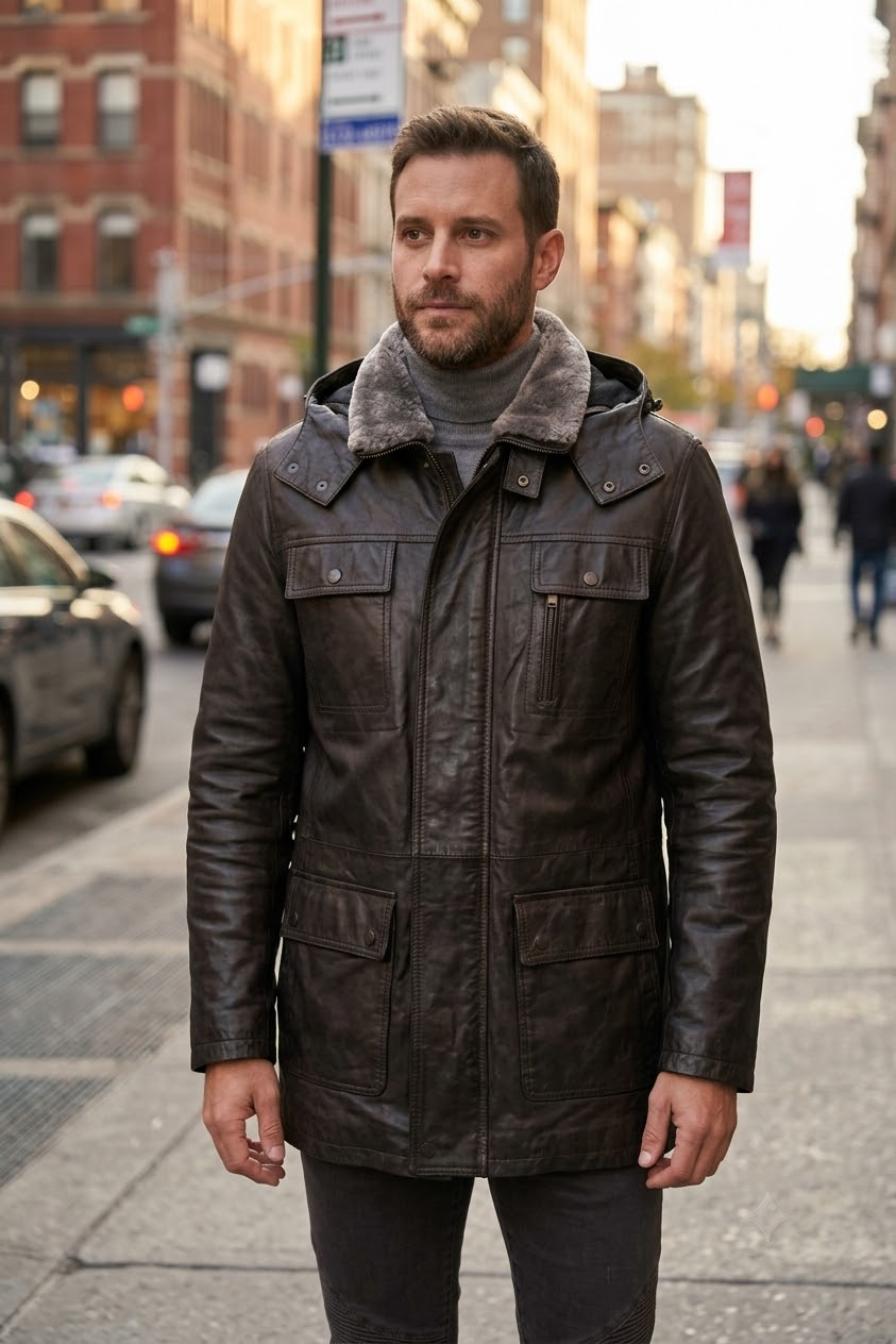 Zane Dark Brown Lather Coat With Hood For Men